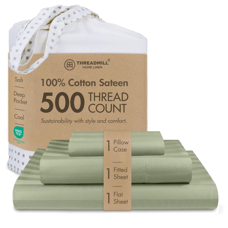 Threadmill 500 Thread Count Twin-XL Size Damask Stripe, 3 Pc Luxury Cotton Sheet Set, Breathable Sage Green Sheets with 15" Elasticized Deep Pocket, 1 Pillowcase & Free Tote Bag - Image 1